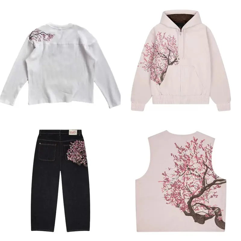 Plum blossom embroidery straight leg pants men and women Joker personality street tide jeans-MES