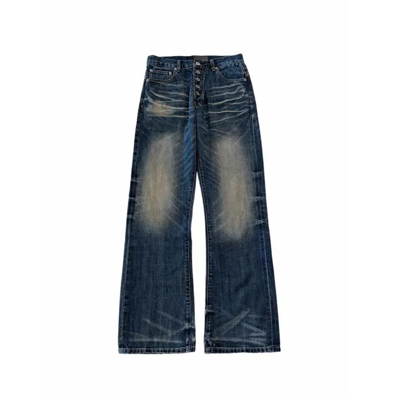 Exclusive nofaith double-breasted, whiskered, pleated indigo selvage red-edge bootcut jeans.