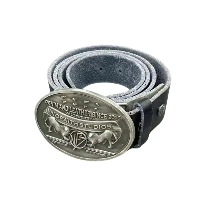 No Faith Studios distressed leather belt with vintage-style metal buckle, niche CORTIS-style belt.