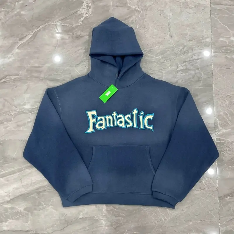 ERL Fantastic blue washed distressed thin fleece hoodie gali Lisa ROSE