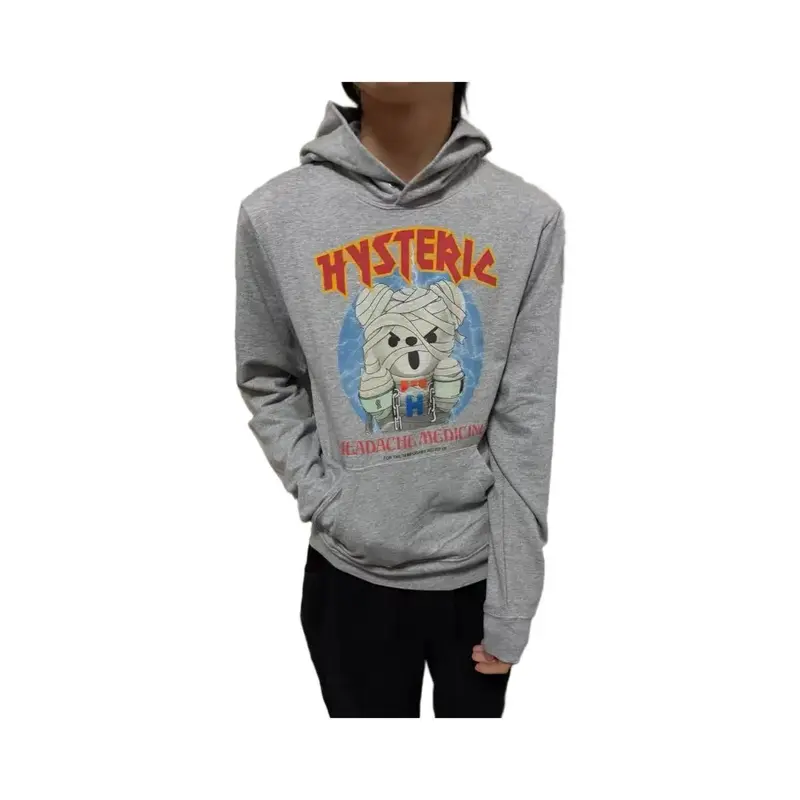 Autonomous Hysteric Glamour–style gray hooded sweatshirt with a little bear design.