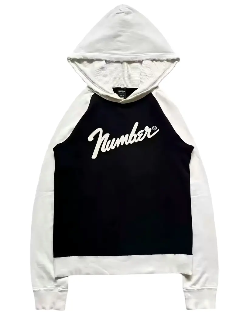 Number(N)ine high-street hoodie, 05AW black-and-white patchwork cracked-effect sweatshirt.